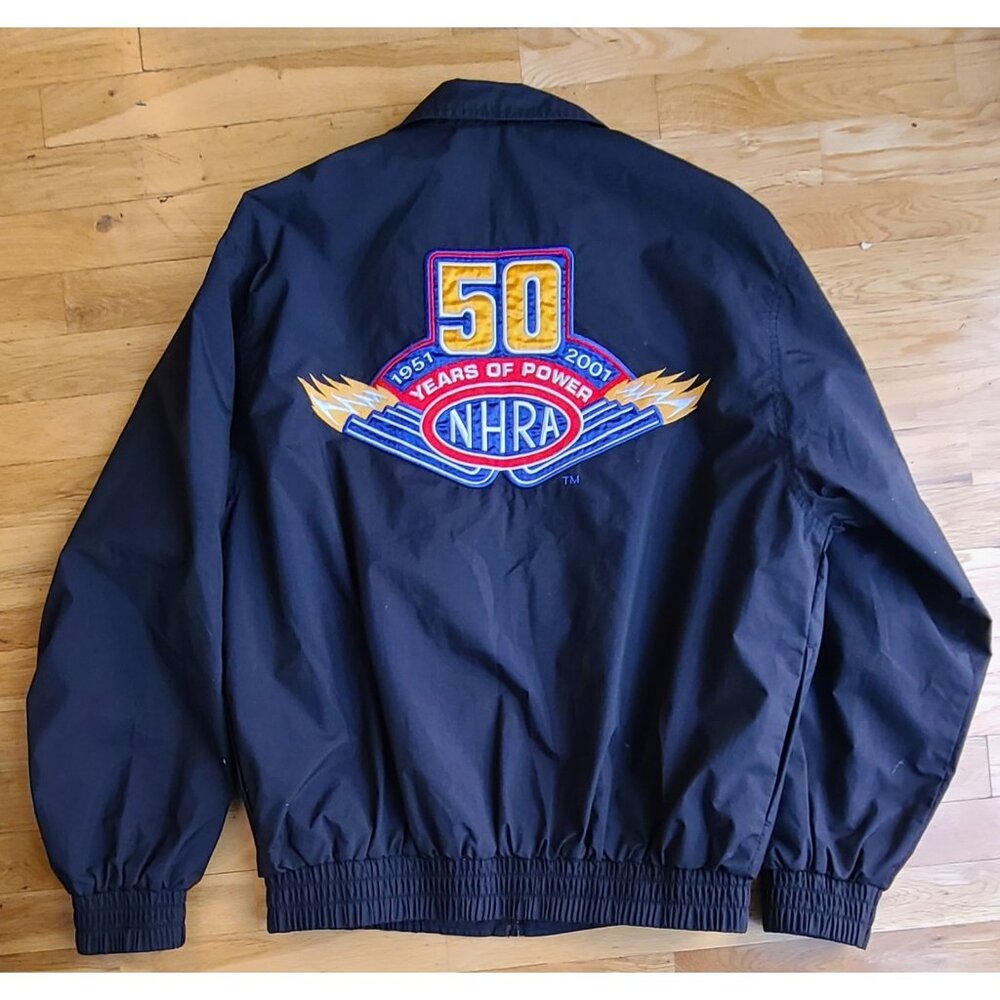 Vintage 50th Anniversary 2001 NHRA Drag Racing Nylon Bomber Black Jacket  Large - Picture 4 of 5